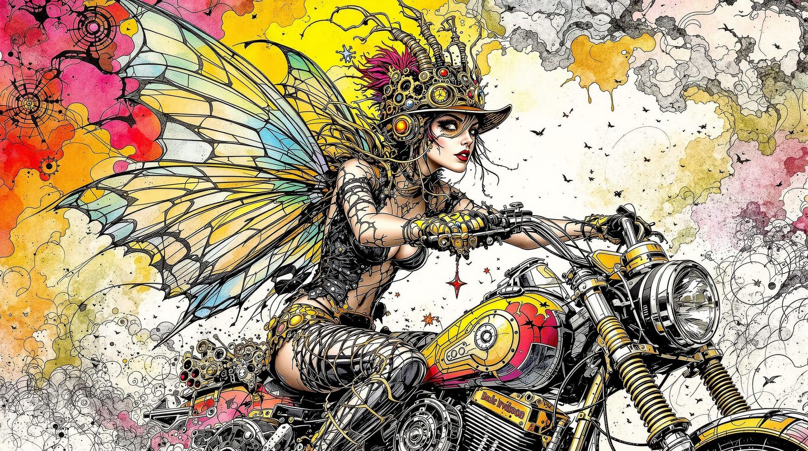 Steampunk Fairy on Harley Davidson in Etched Style