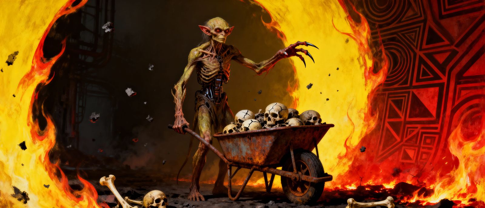 Gollum With Claws Triumphs Beside Skull Wheelbarrow