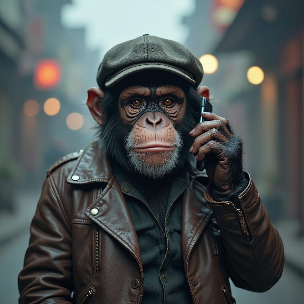 Monkey in Leather Jacket with Cinematic Lighting