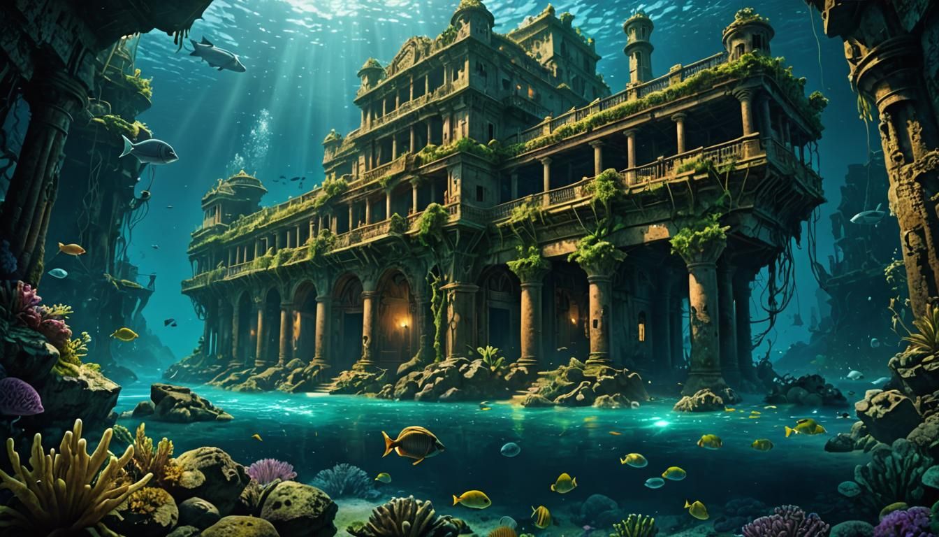 The lost city of Atlantis, deep at the bottom of the ocean, in ruins, water weeds grow, eerie glow illuminates the scene...