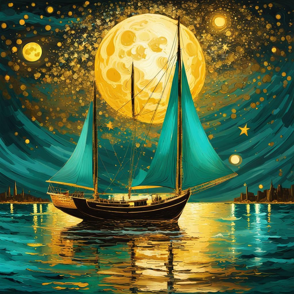 Golden Sailboat on Teal Waters in Van Gogh Style