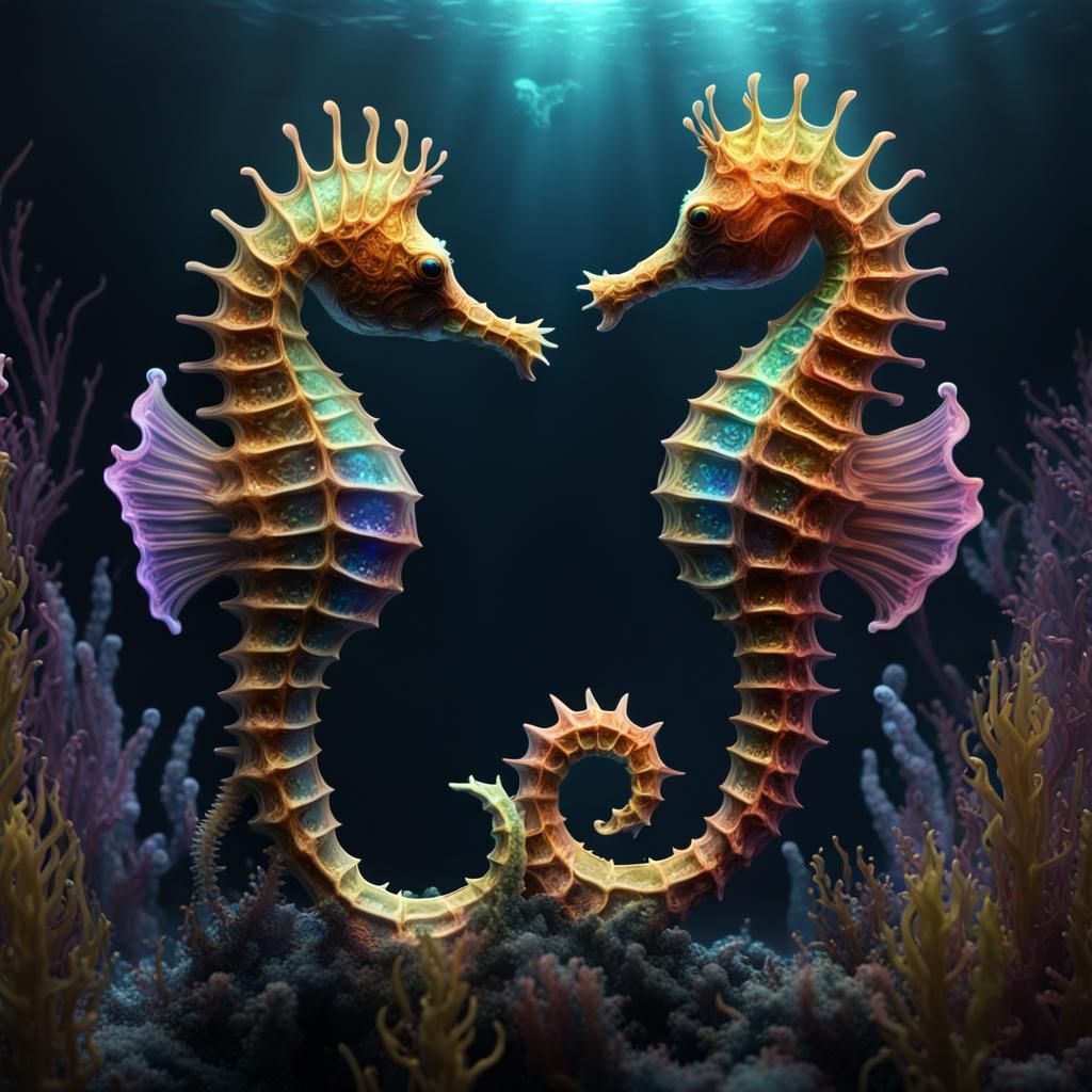 Holographic Seahorse in Black Water, Detailed Matte Painting