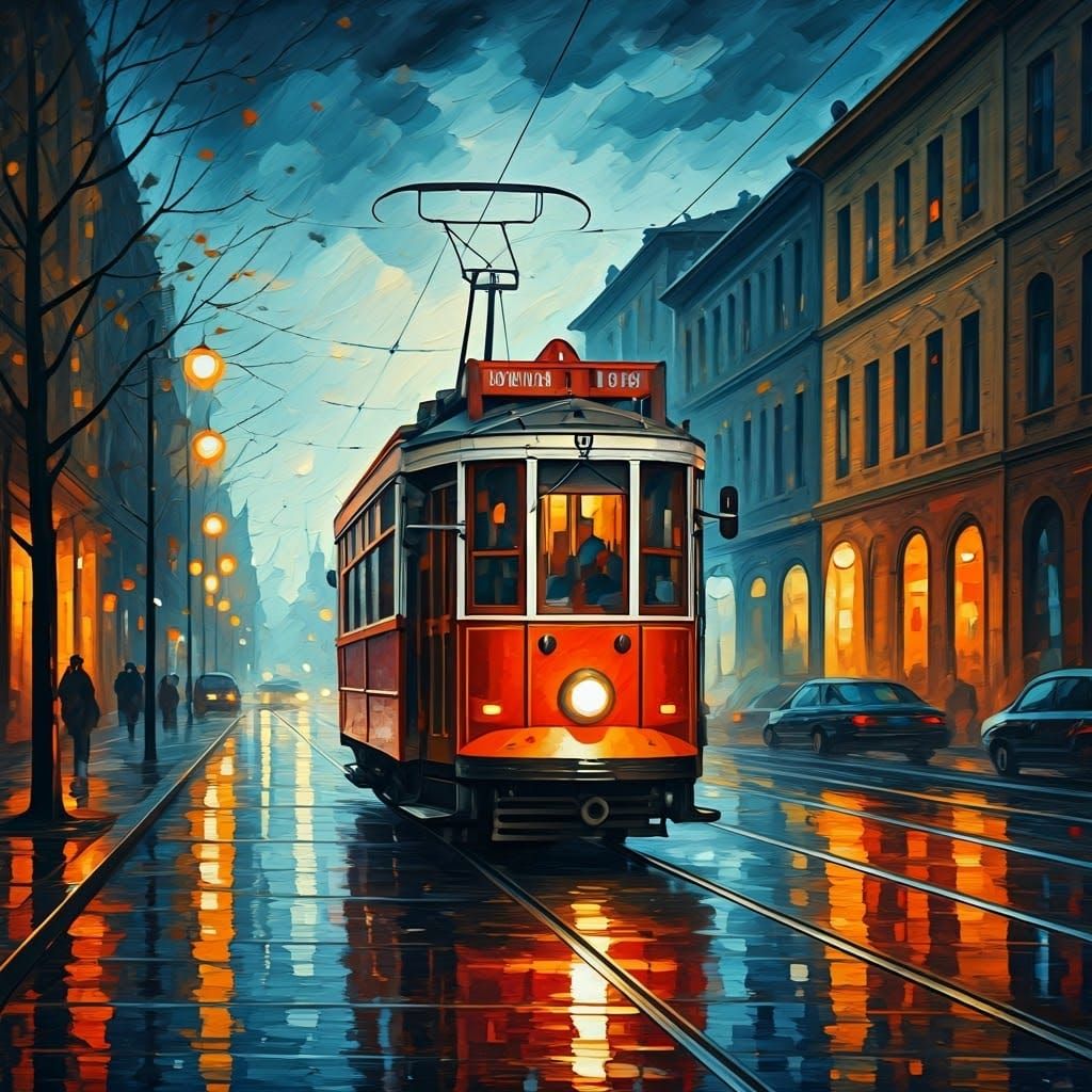 Expressive Istanbul Tram in Rainy Street Scene, Oil Painting