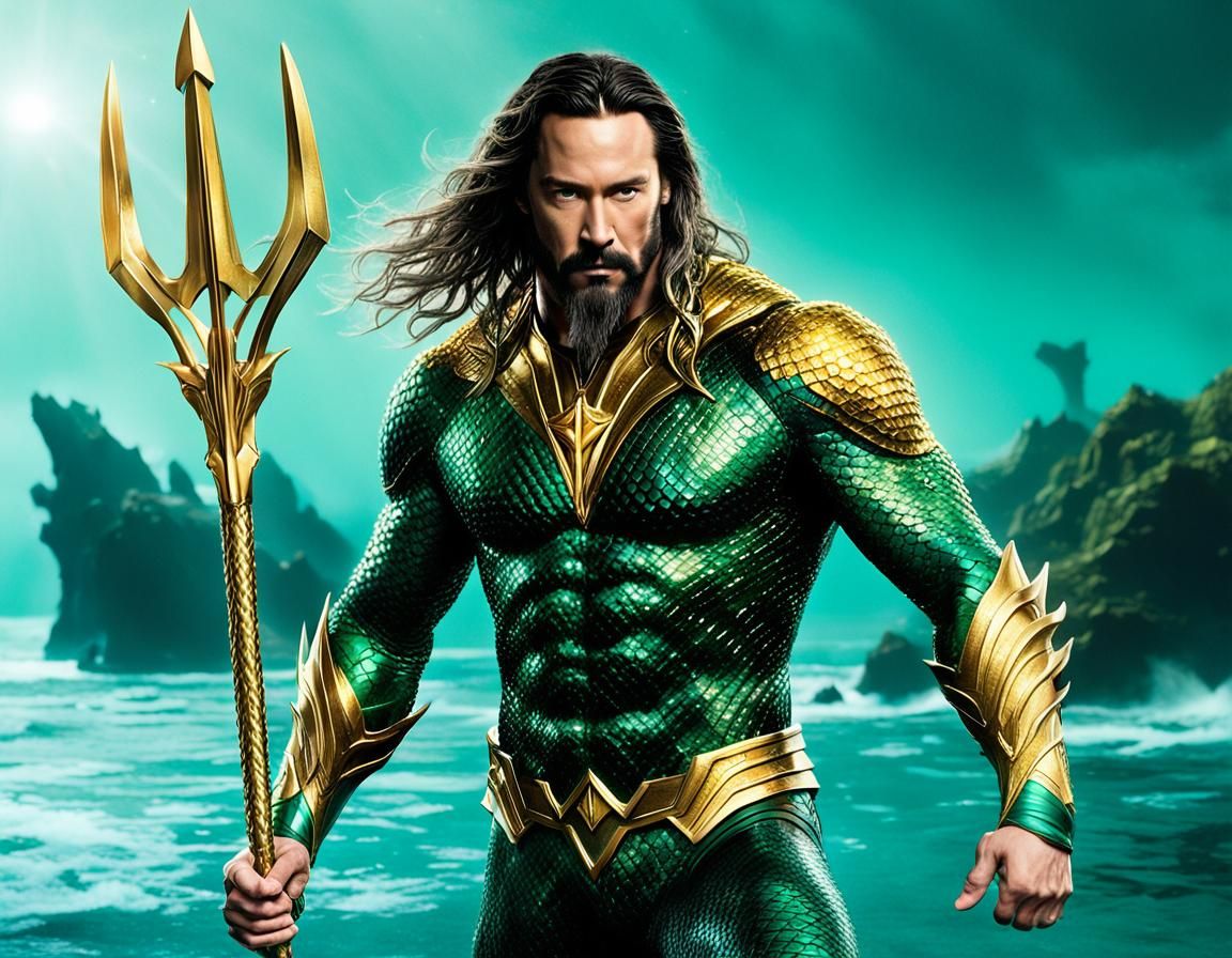 Keanu Reeves as Aquaman with Trident in Ocean Scene