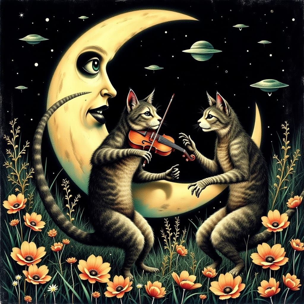 Darkly Whimsical Cats Dance Under a Celestial Moon