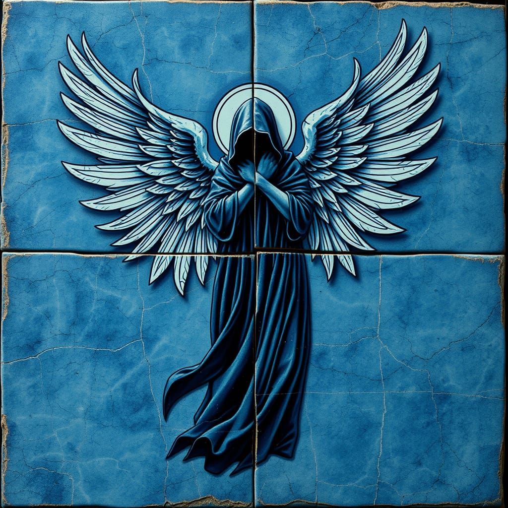 Dark Angel Emerges from Shattered Delft Blue Tile