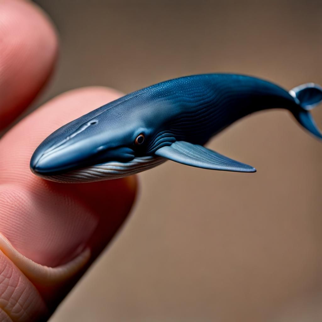 Macro photo of microscopic blue whale balancing on a fingertip