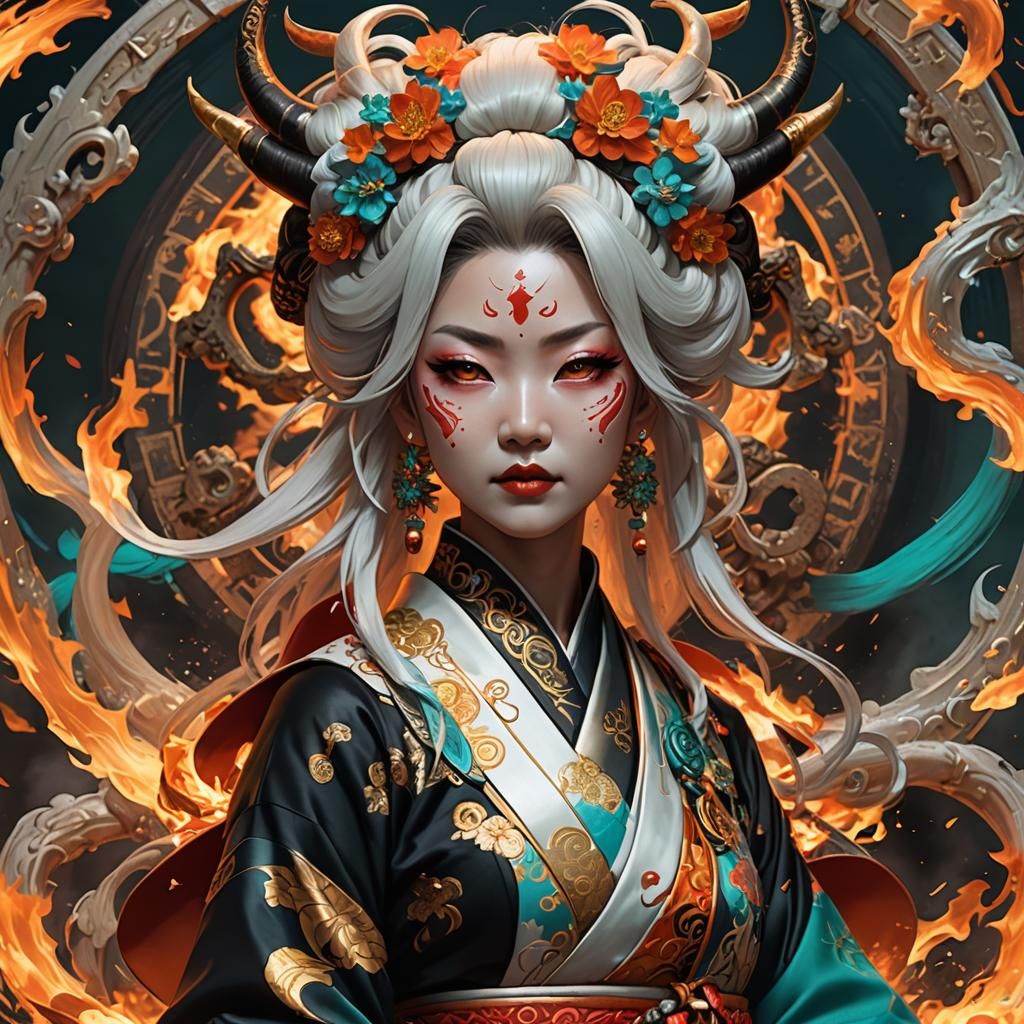 Asian Demon Oiran in Fire, Hyperdetailed Concept Art