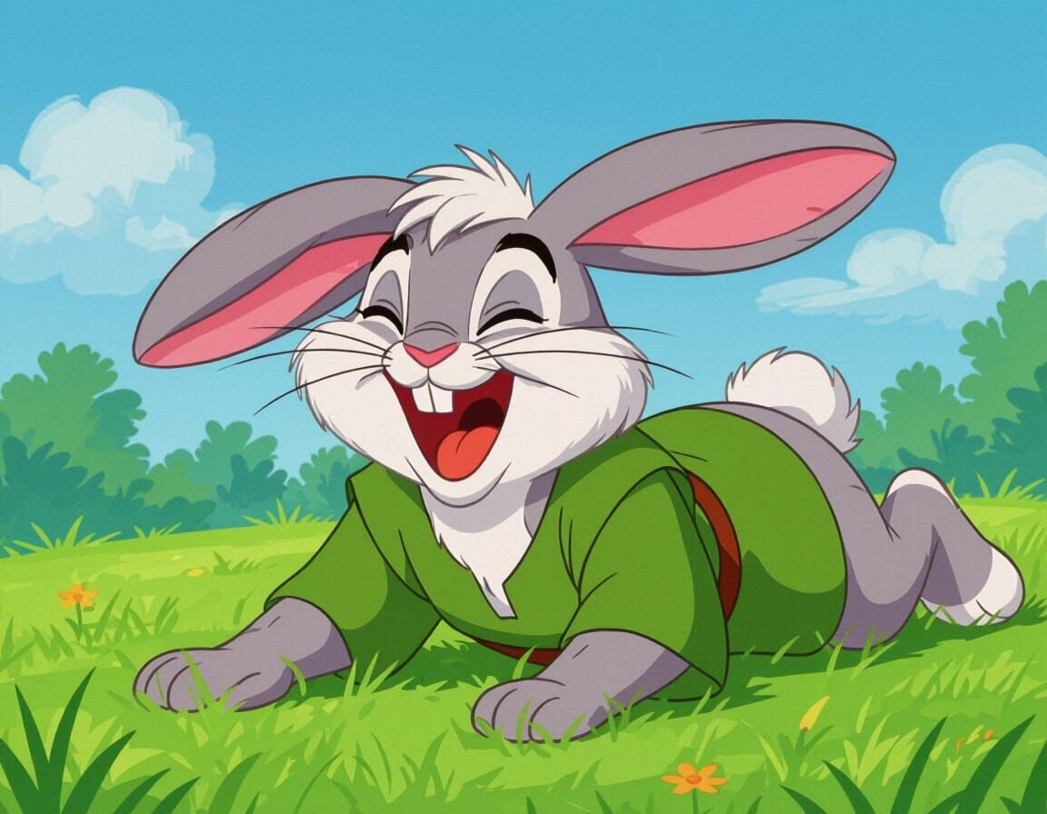 Laughing Silver-Haired Bunny in 1970s Disney Style