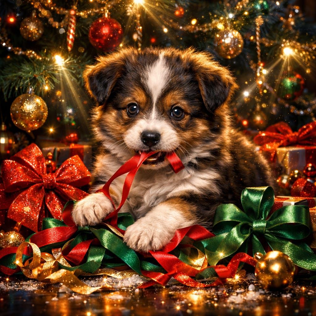 Surreal Christmas Puppy Playing with Ribbons