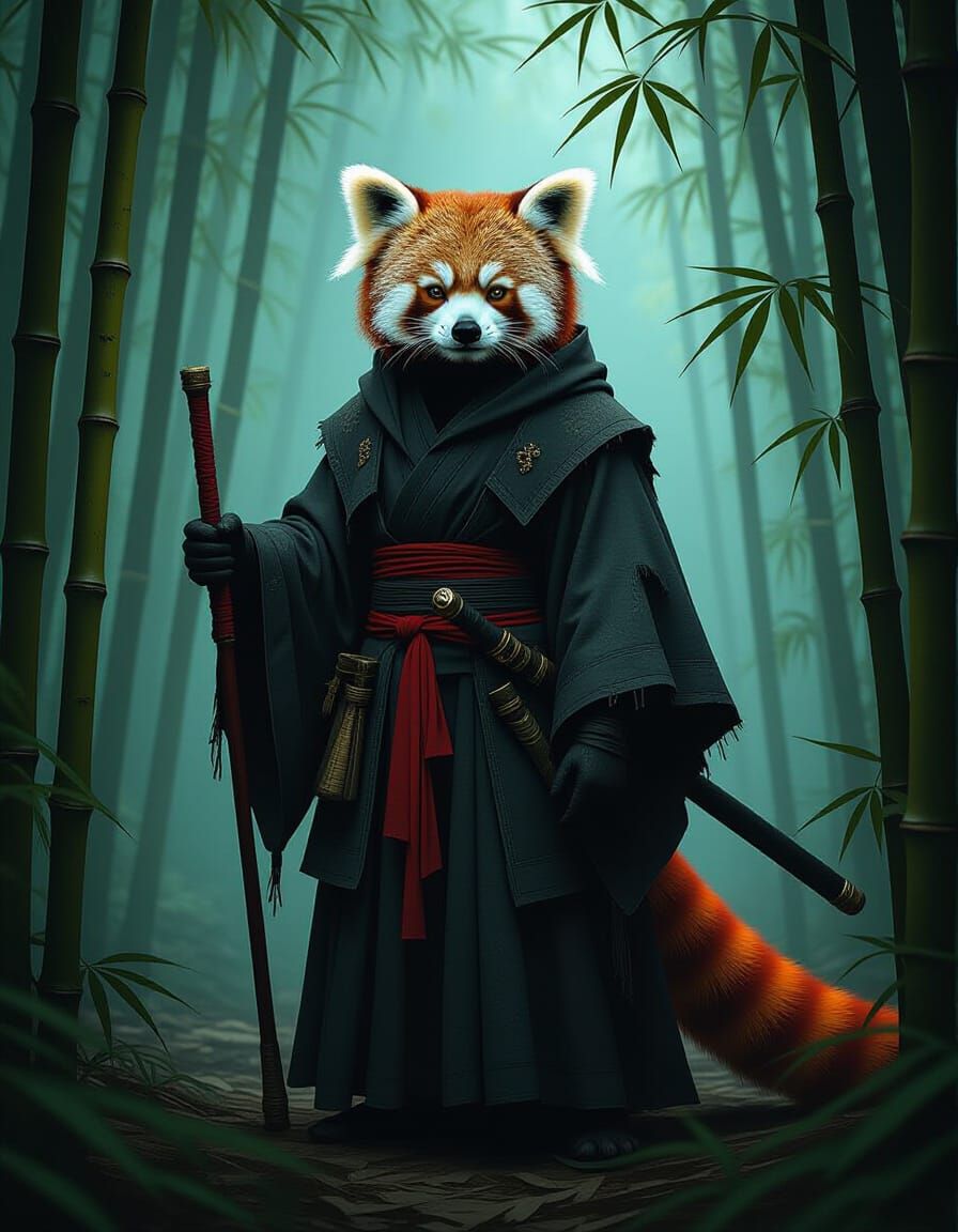 Red Panda Monk in Shadowy Bamboo Jungle
