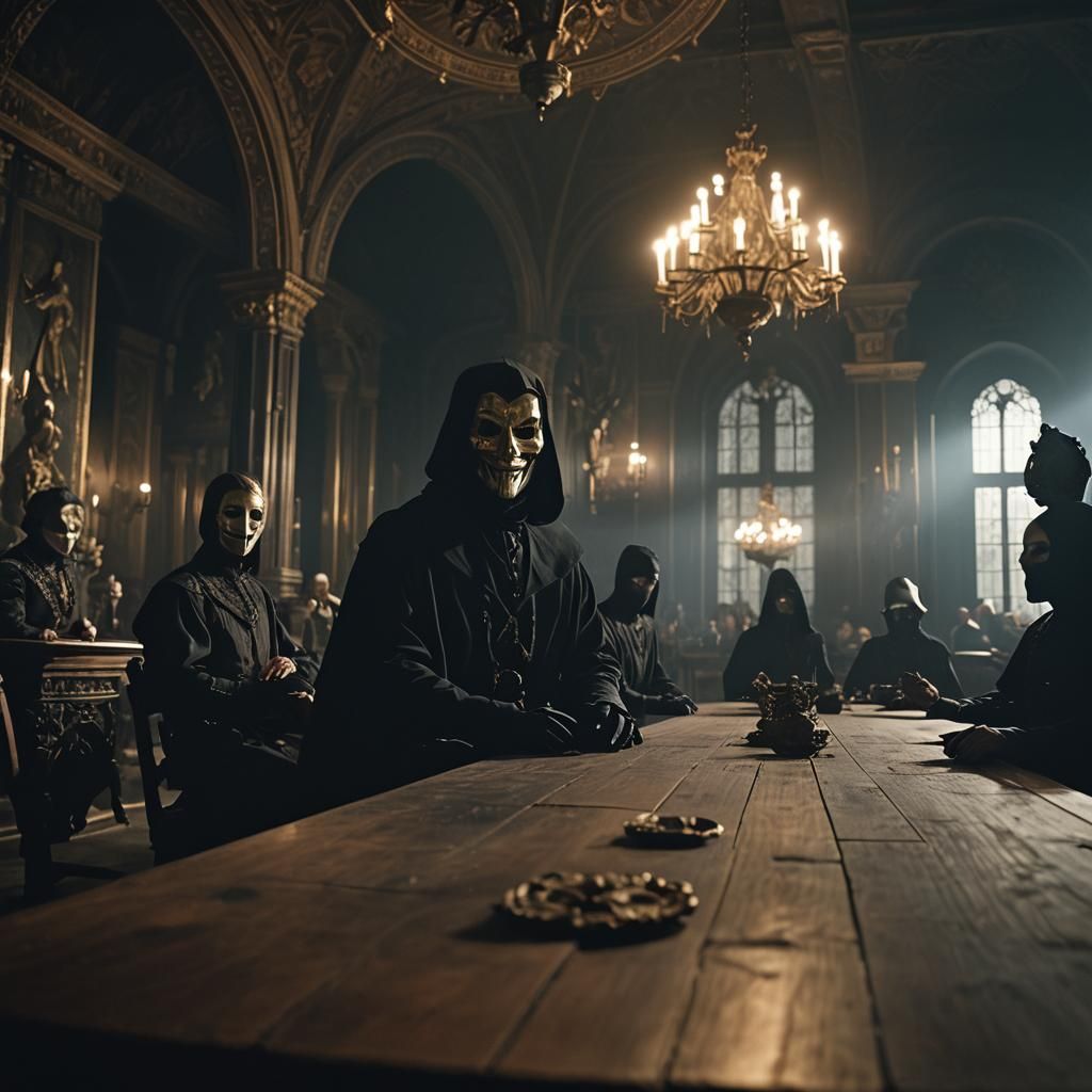 Sinister Masked Figures in a Dark Academia Setting