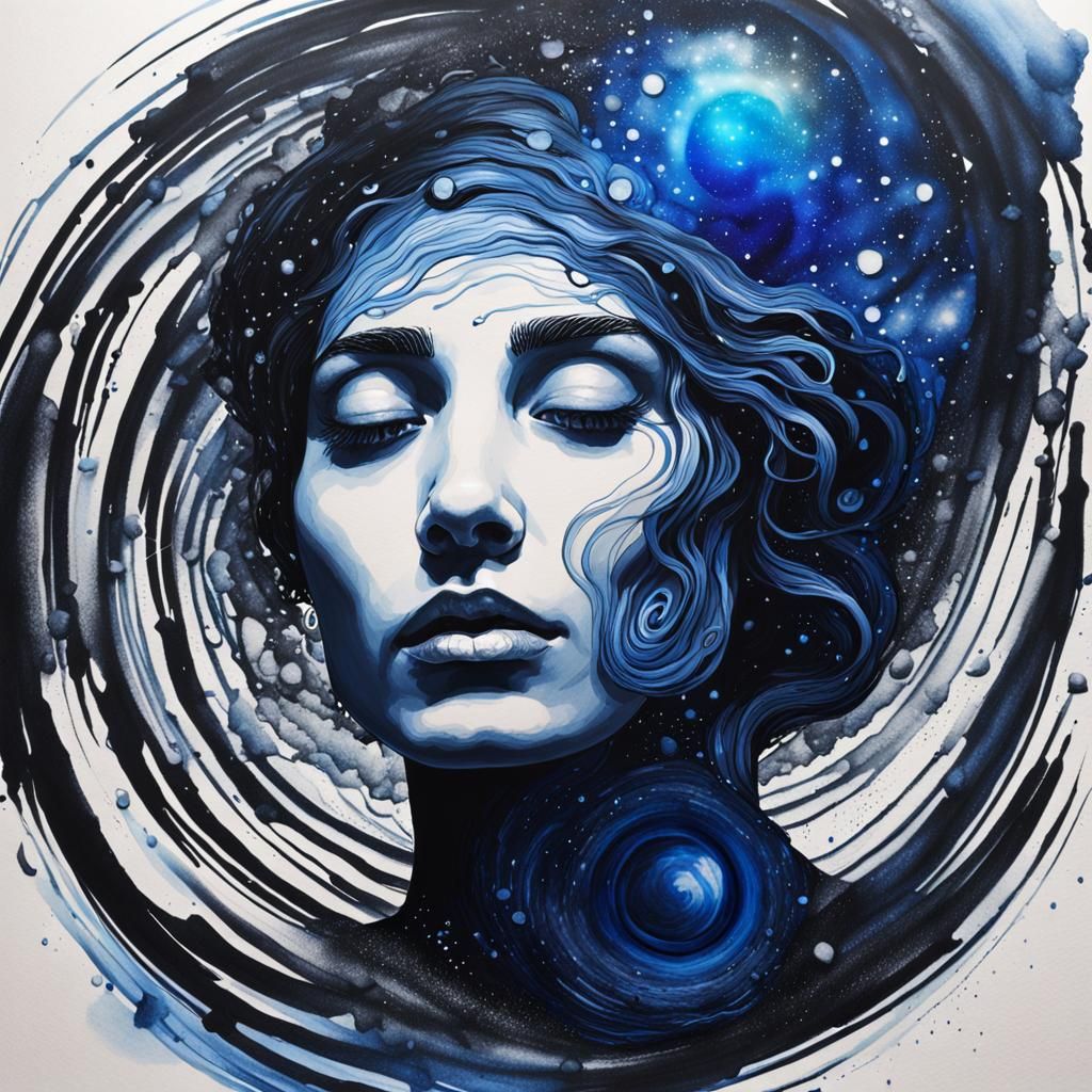 Surreal Liquid Ink Portrait in Shades of Blue