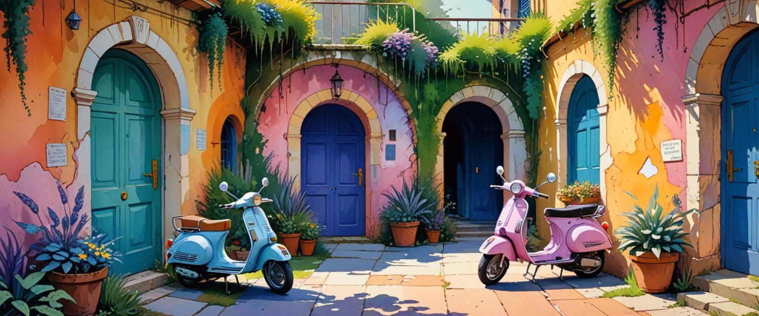 Abandoned Passageways with Vespa in Watercolor Style