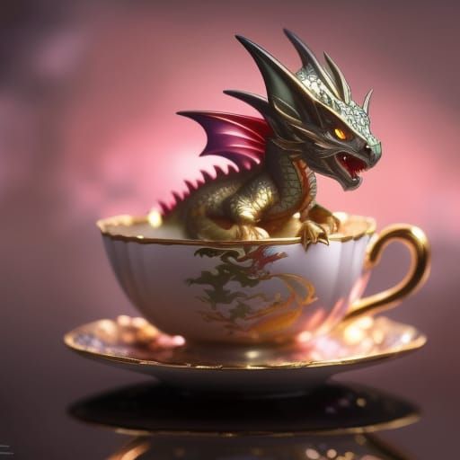 Adorable Chibi Dragon in Teacup, Anime CGI