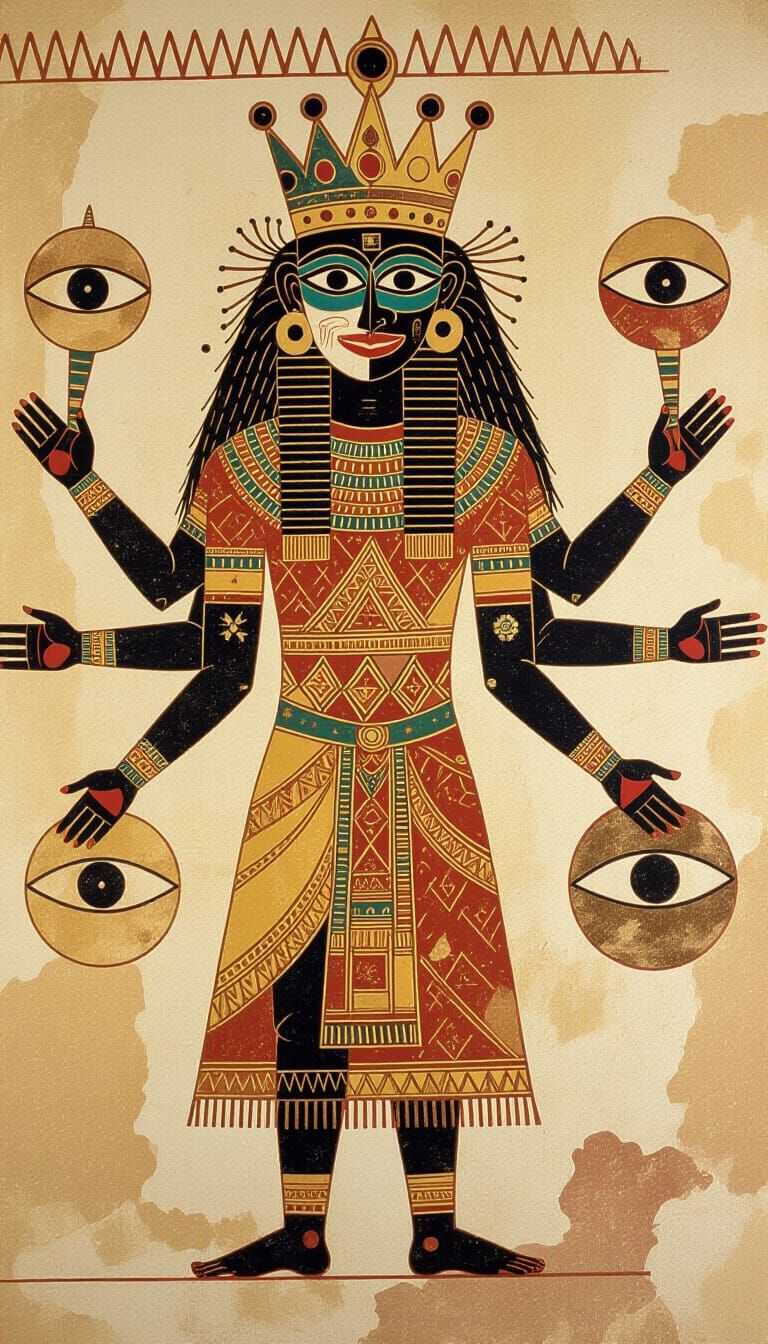 Ancient Cave Art of Regal Masked Figure with Many Arms