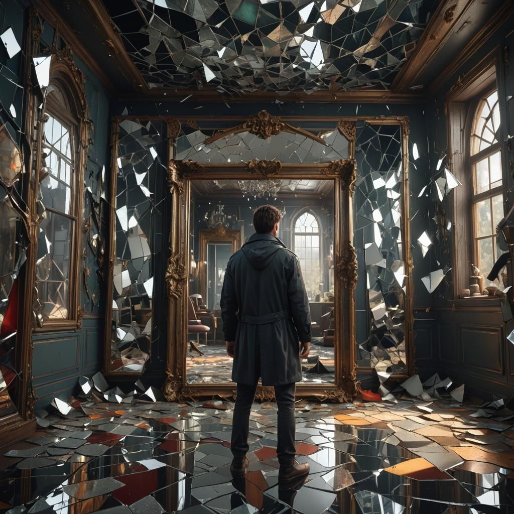 Person Searches Cracked Mirrors in Detailed Matte Painting
