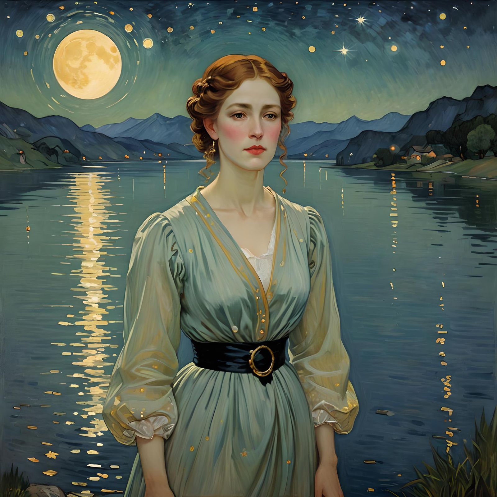 Magical Moonlit Woman Portrait in Impressionist Style