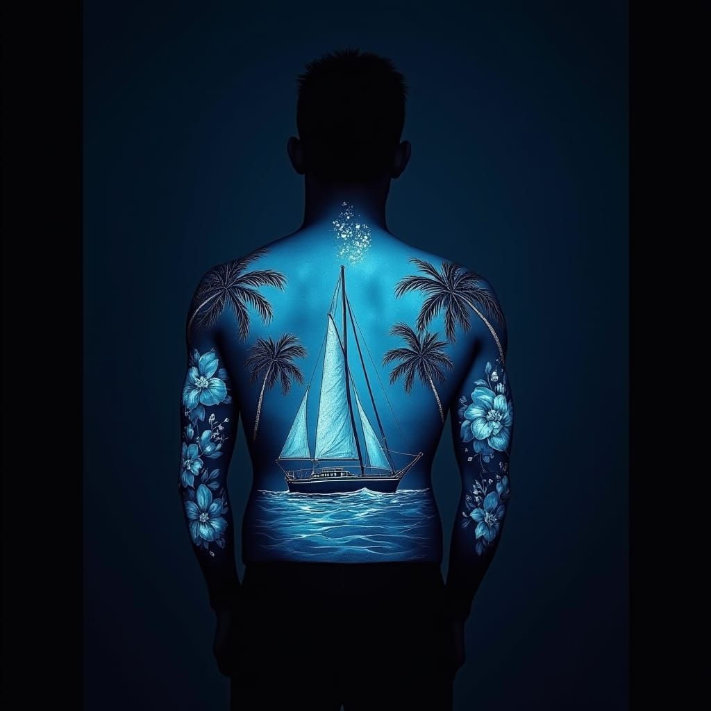 Luminous Man Silhouette with Sailboat Tattoo Art