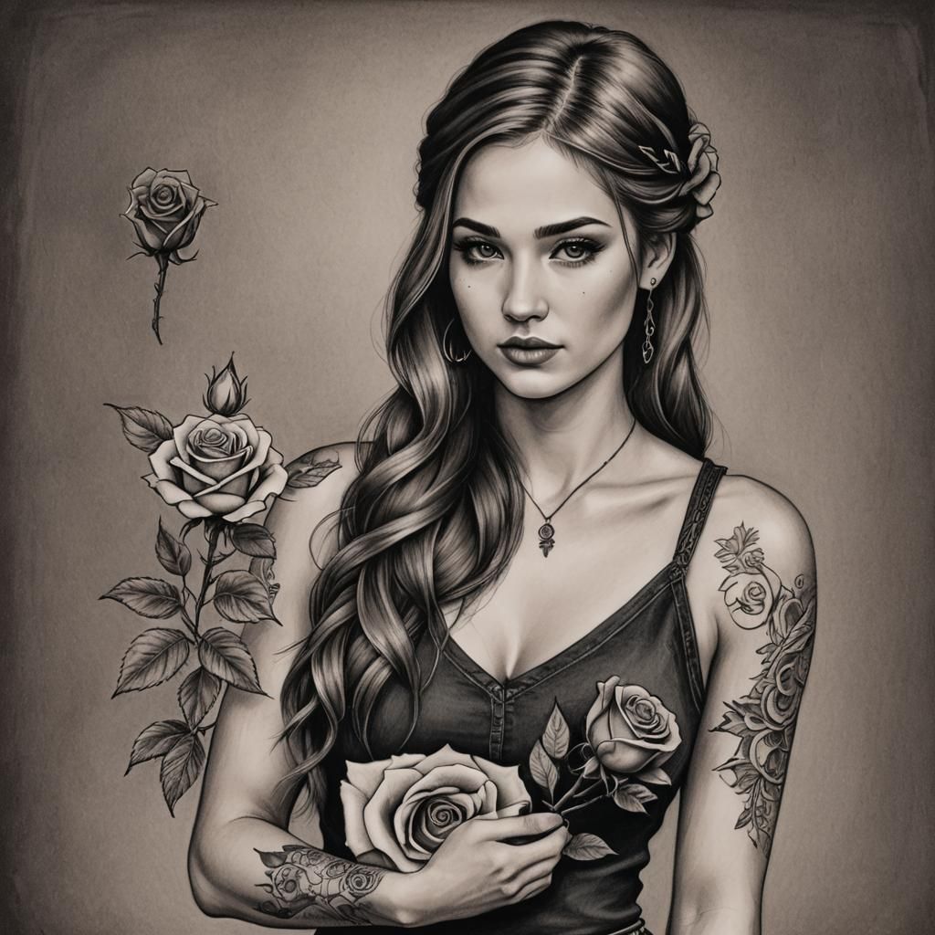 Beautiful Young Woman with Rose: Charcoal Drawing