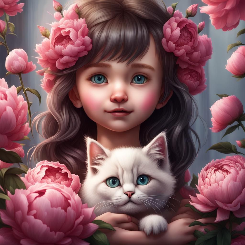 Toddler, Kitten and Peonies: Fantasy Concept Art