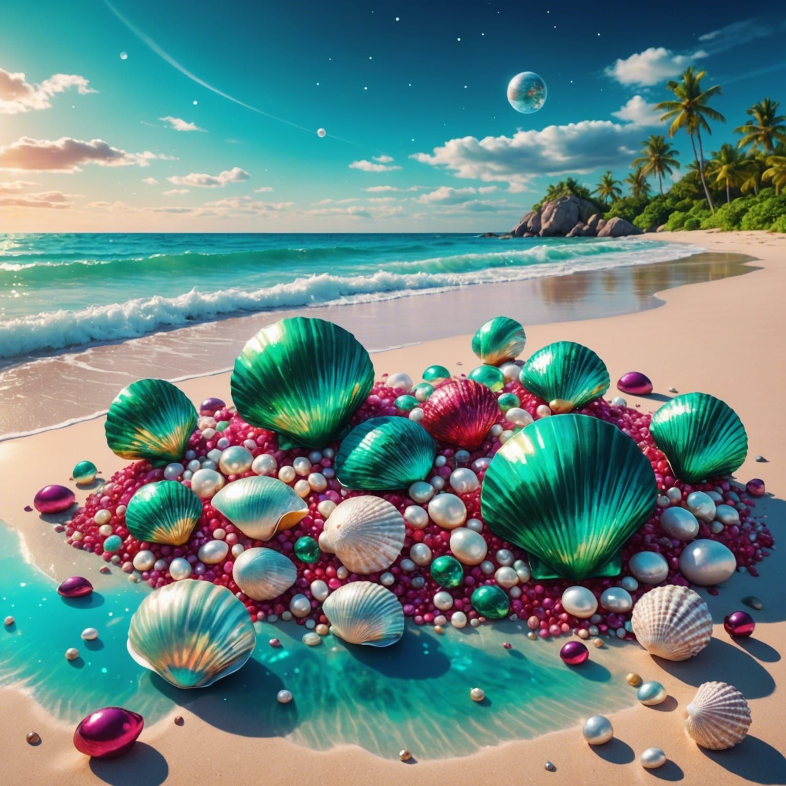 Gems and Shells on a Beach, Astral Illustration