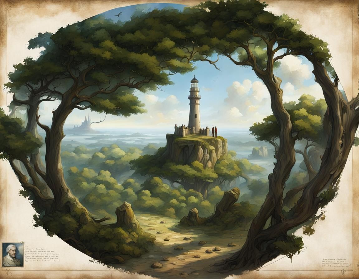 Coastal Medieval City with Ancient Lighthouse, Detailed Pain...