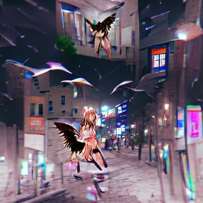 Anime Girl with Wings Flying in Cyberpunk City