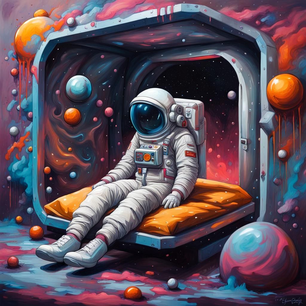 Astronaut Sleeping on Floating Bed in Graffiti Art Style