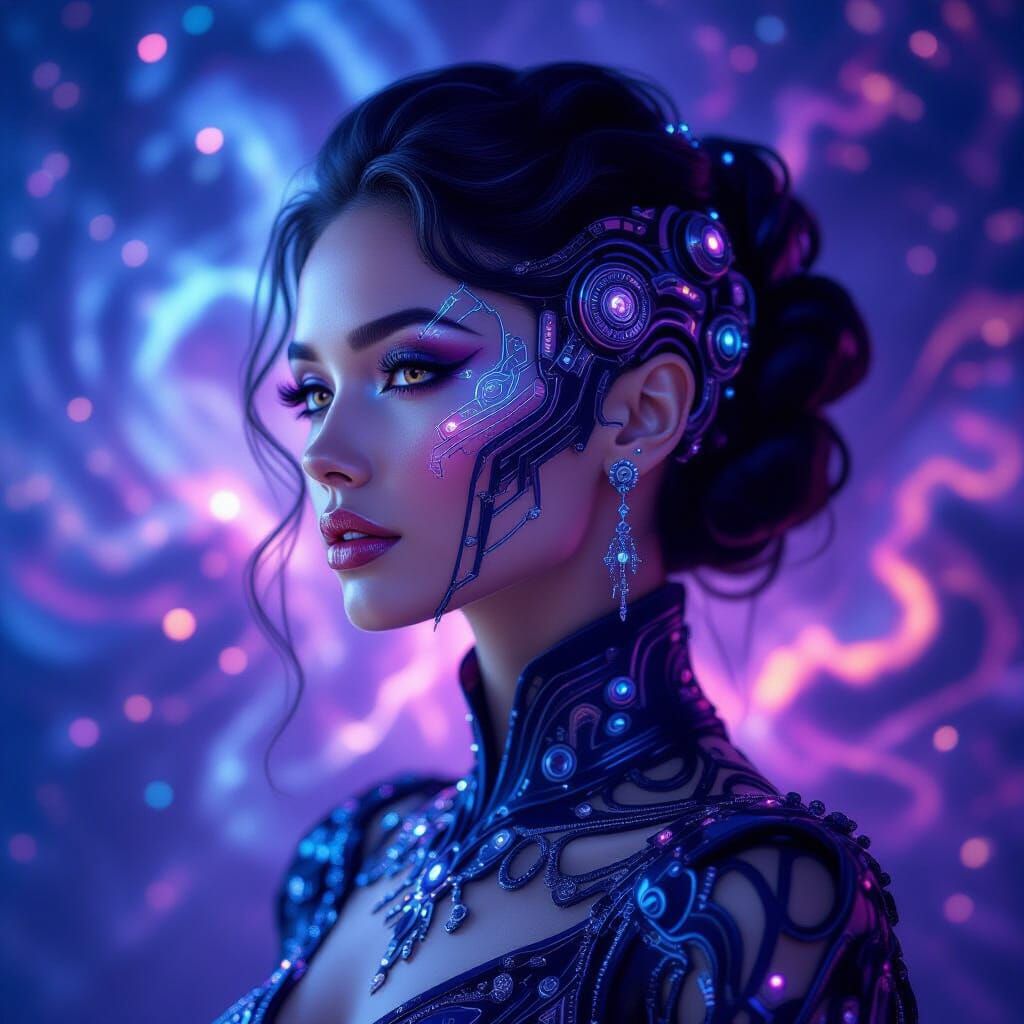 Cybernetic Woman in Haute Couture Amidst Nebulae