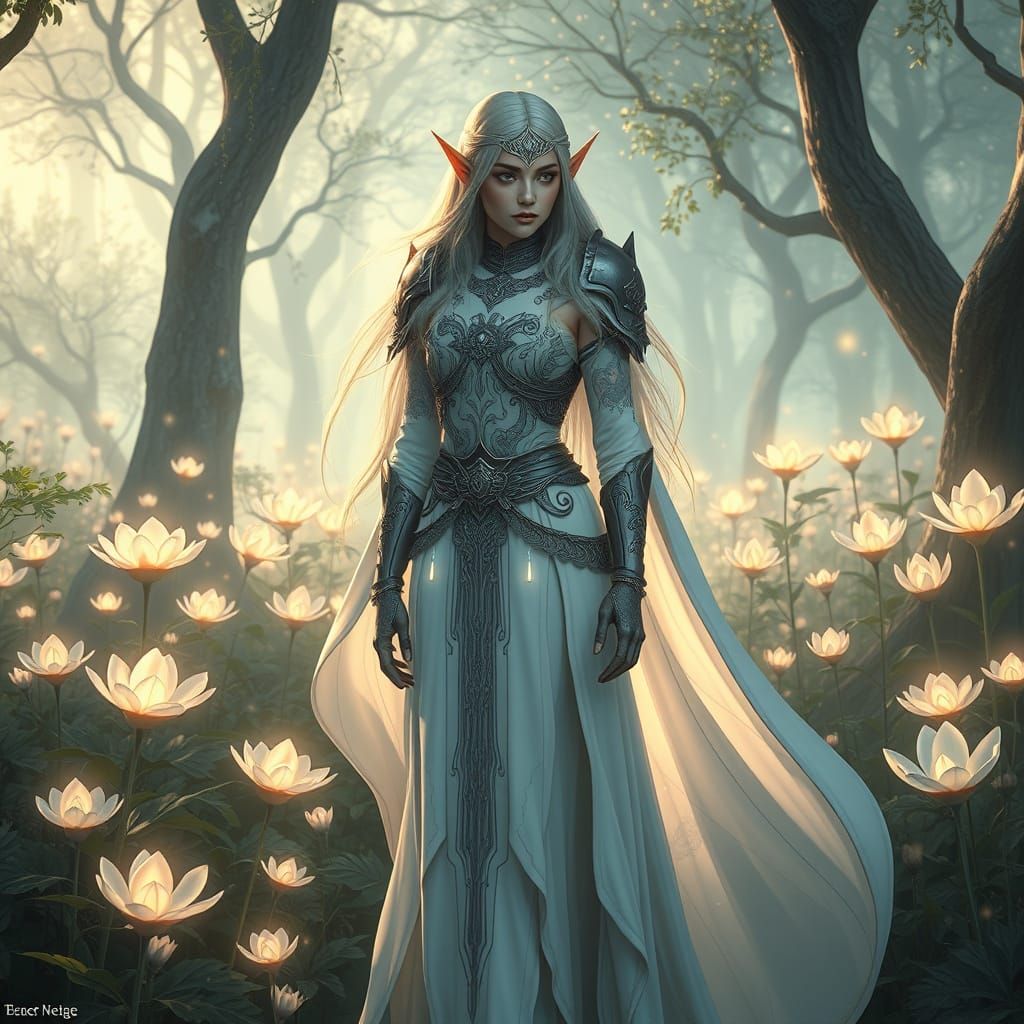 Elven Priestess in Sacred Grove with Celestial Tattoos