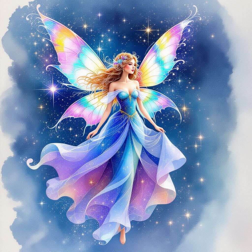 Celestial Fairy with Constellation Wings in Watercolor Style