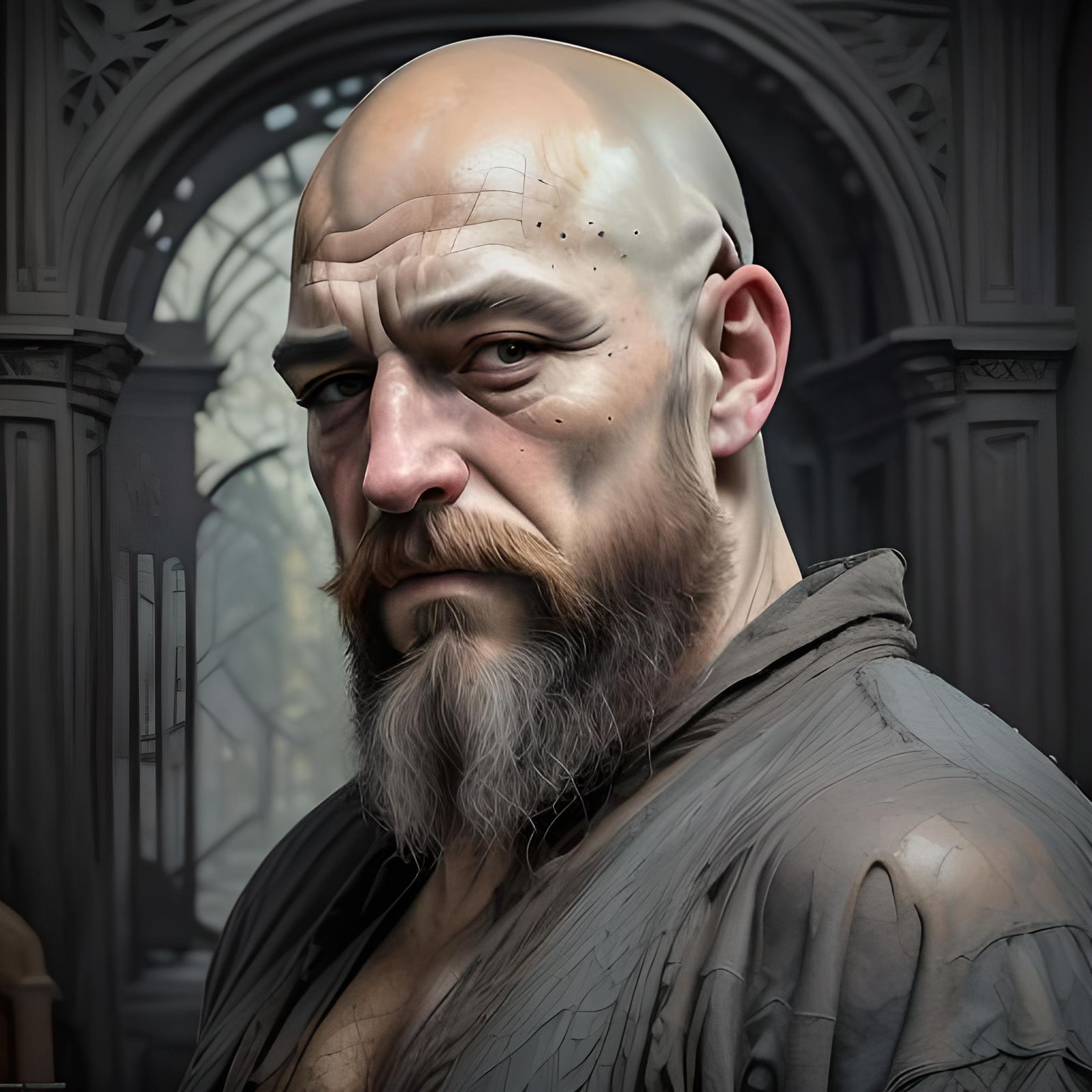 Expressive Ink Portrait of Bald Man with Beard