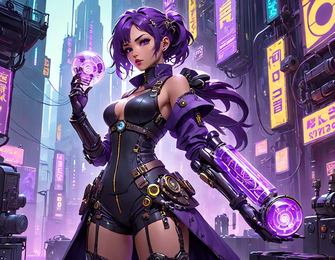 Cyberpunk Scientist with Electric Violet Prosthesis