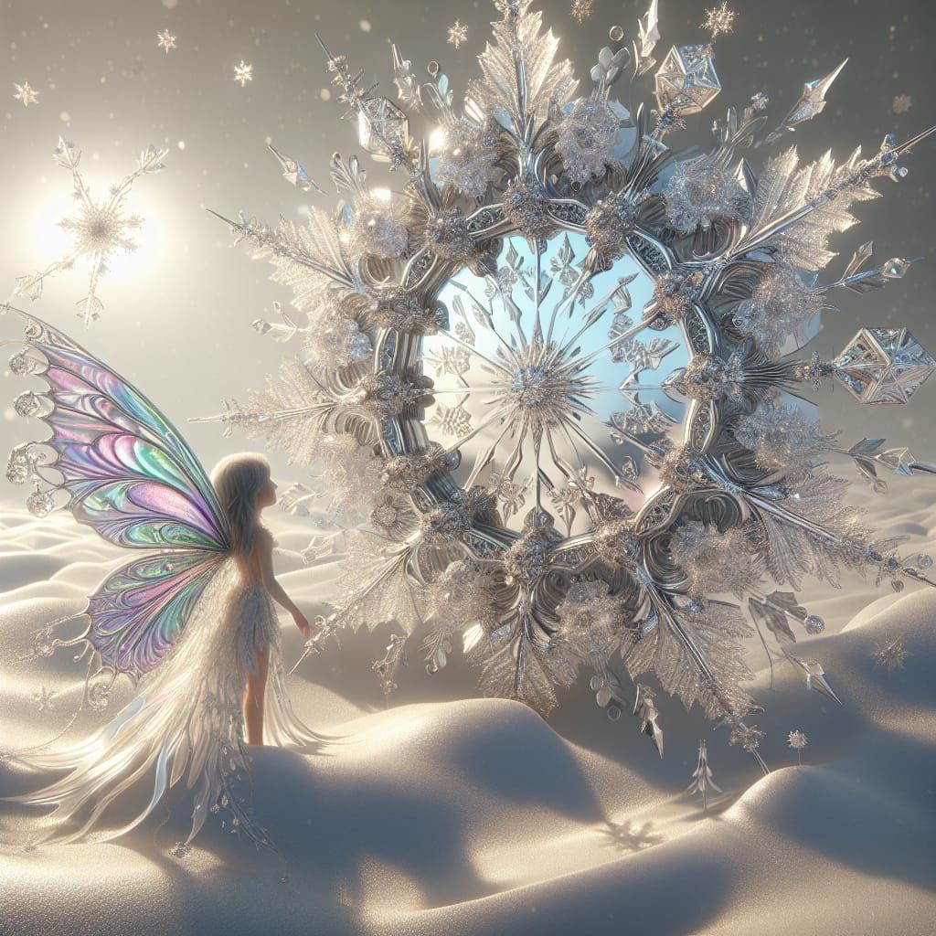Dreamy, ethereal concept art. Medium shot. A tiny fairy stands in front of a large, intricately detailed snowflake mirro...