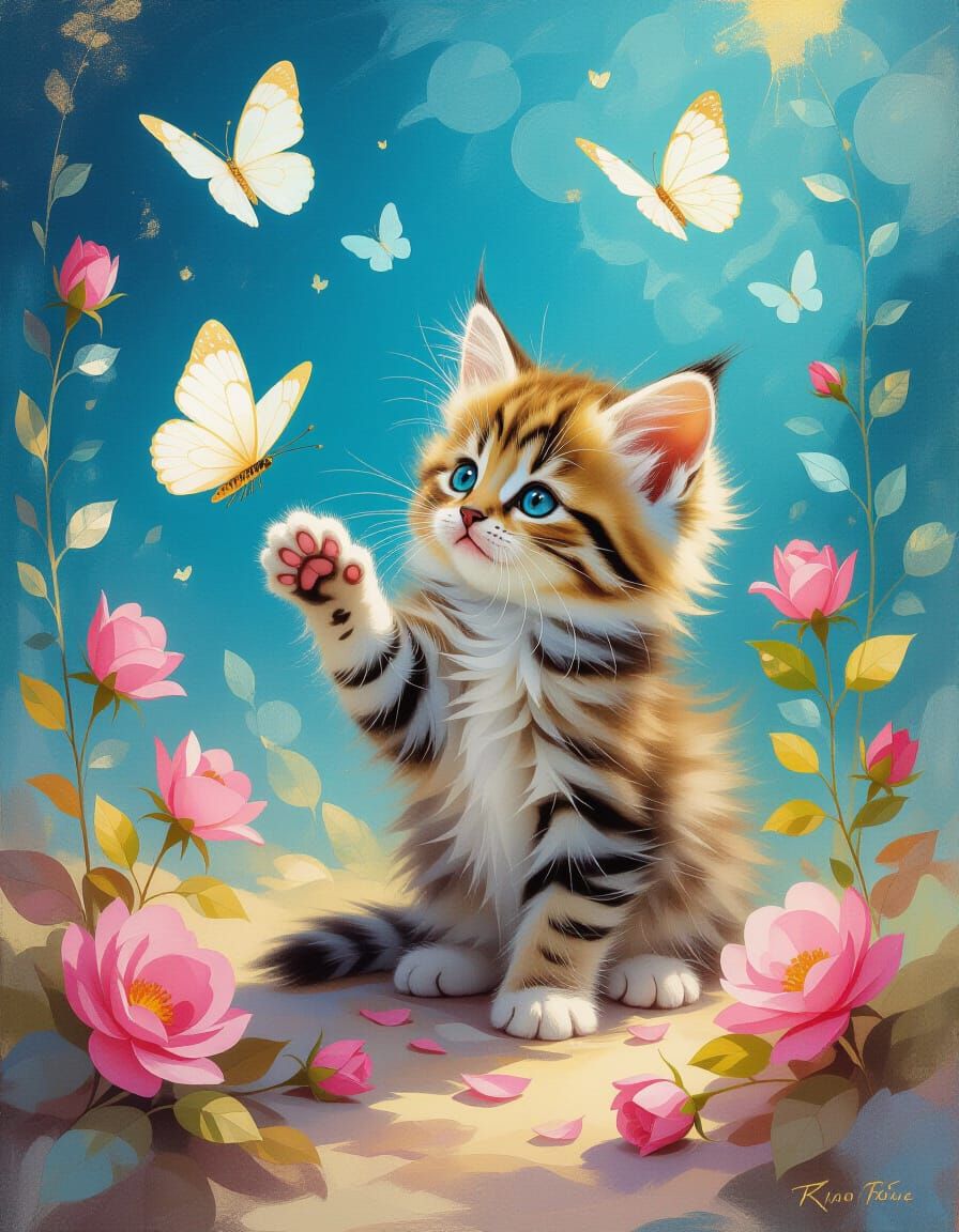 Kitten and Butterfly: Impressionist Rococo Painting