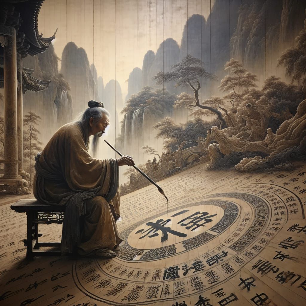 Archaic Chinese Calligraphy in Realist Oil Painting