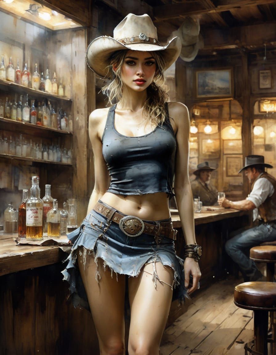 Watercolor Cowgirl in Saloon by Pino Daeni