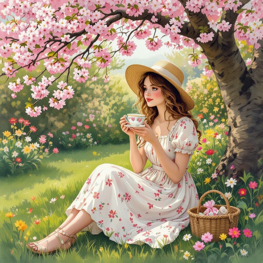 Girl in English Garden Under Cherry Tree, Storybook Style