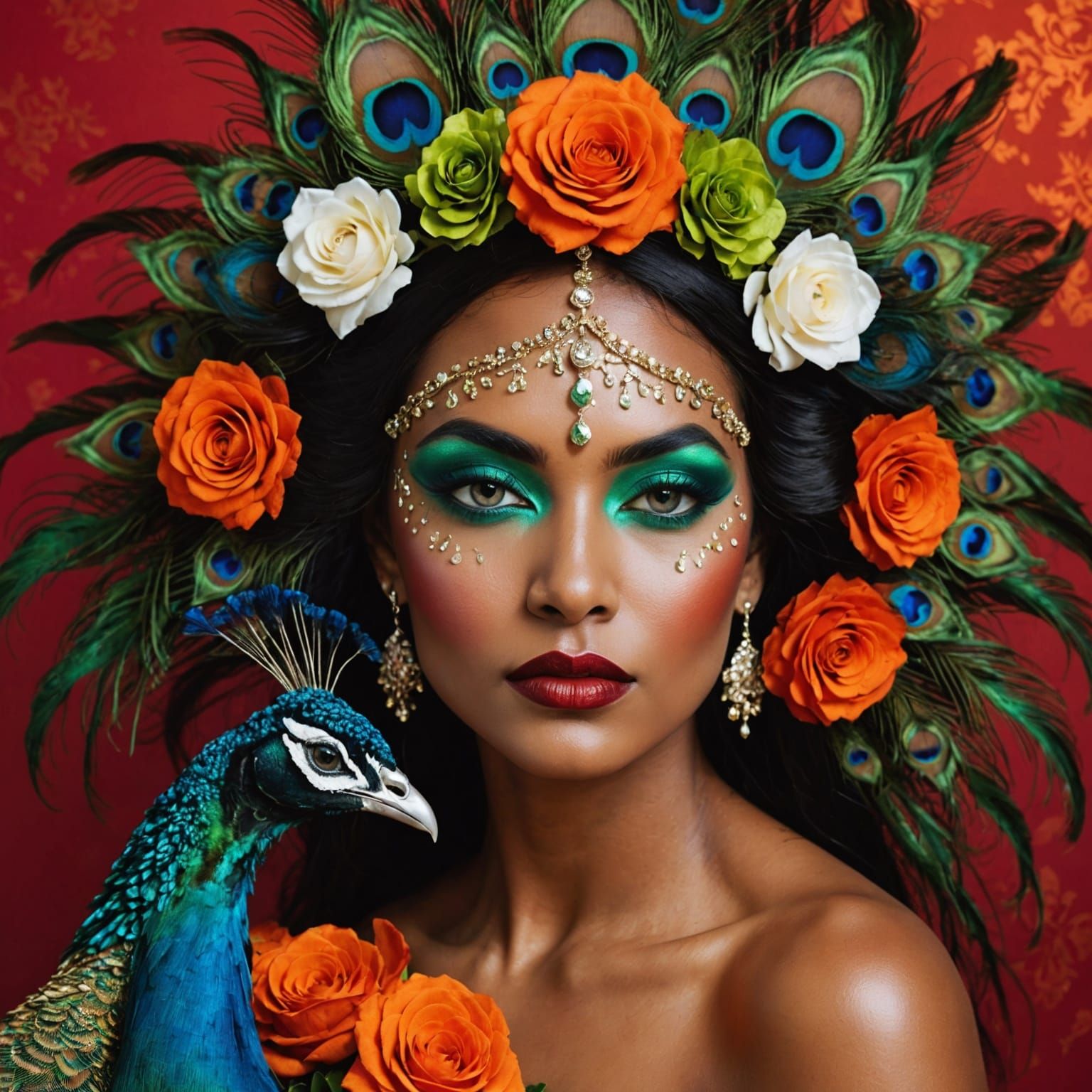 Two Women with Gold Skin and Peacock Feathers