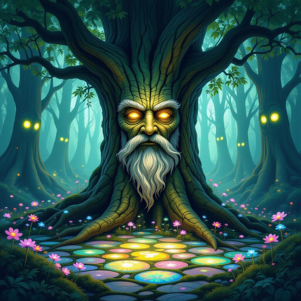Mystical Tree Face in Surreal Hyperrealistic Forest
