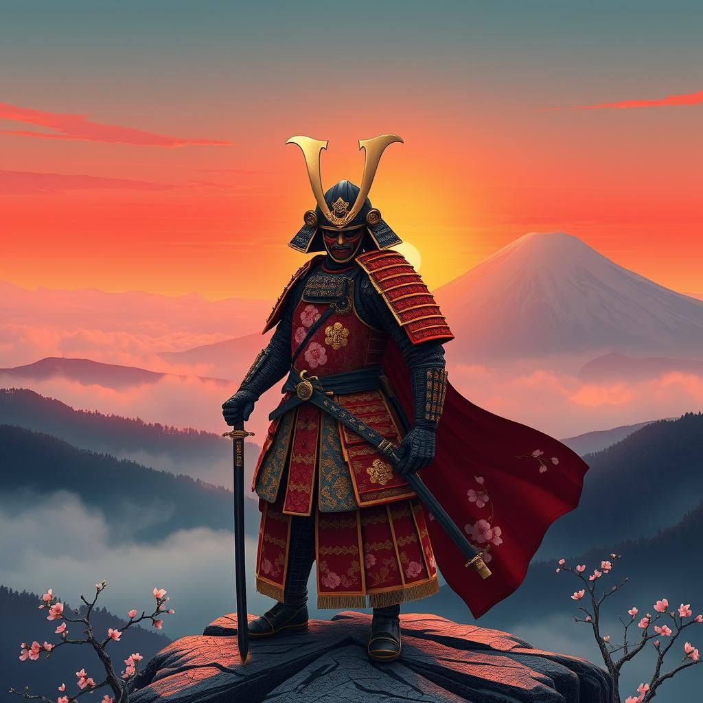 Samurai Knight on Misty Peak in Superflat Style