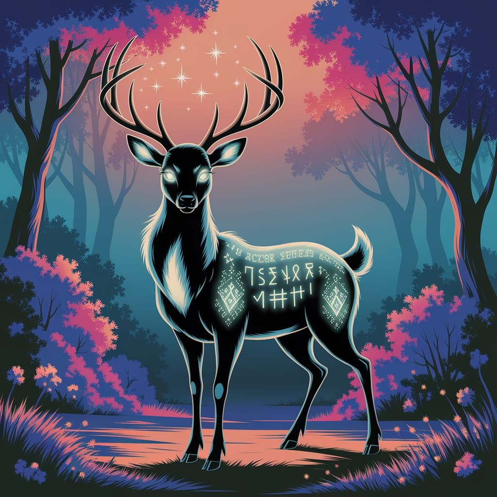 Mystical Deer with Bioluminescent Runes in Enchanted Forest
