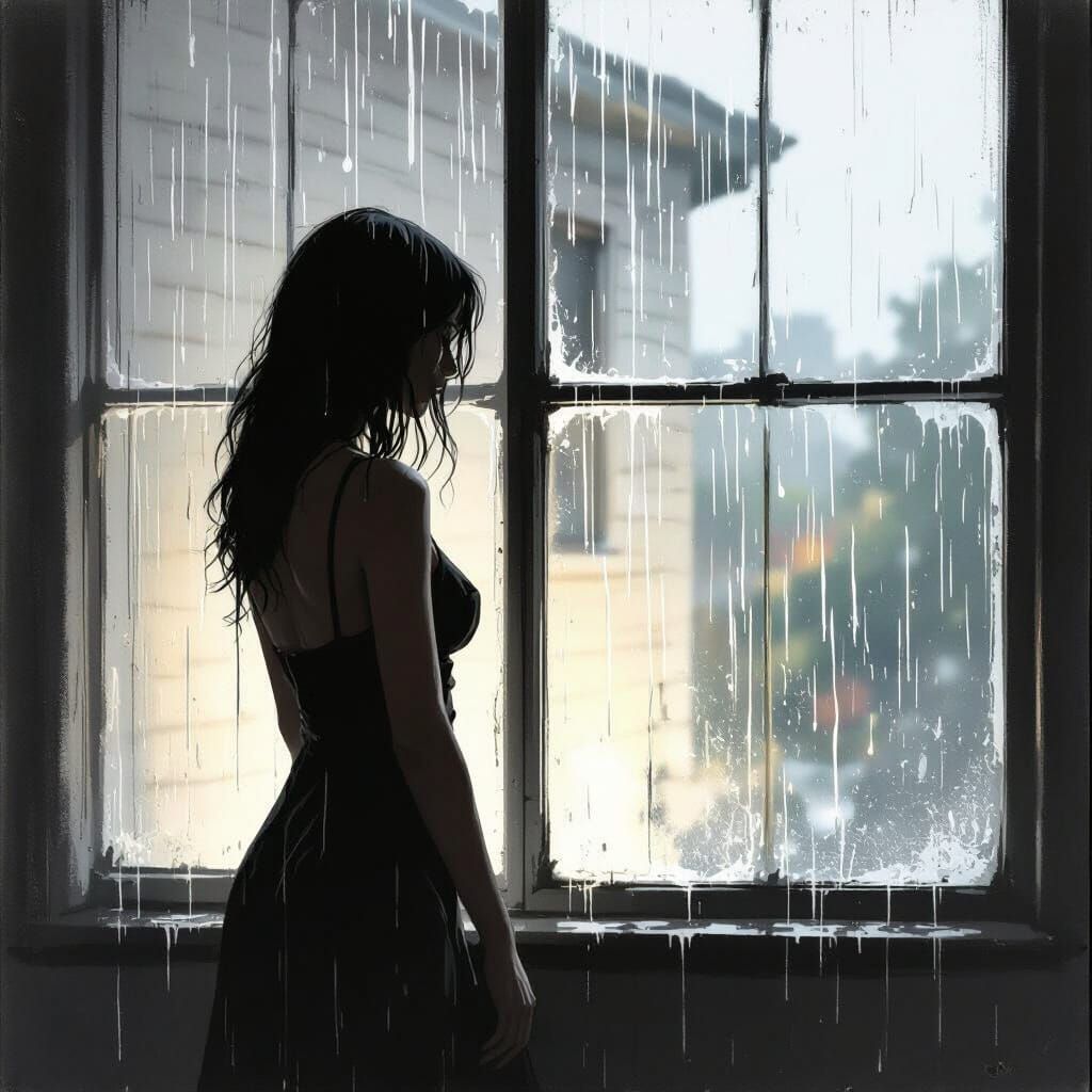 Woman at Rainy Window in Hopper x Manara Style