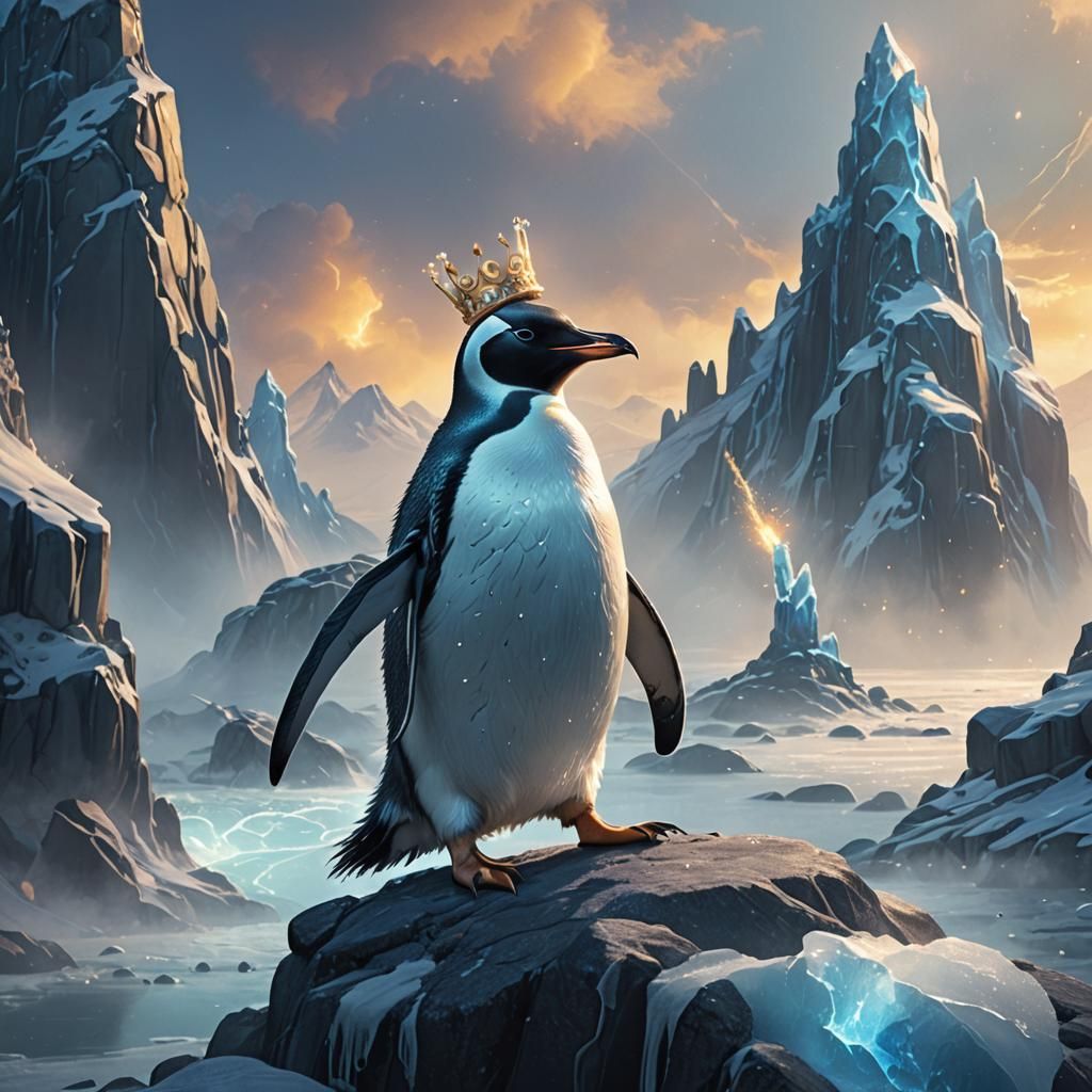 Regal Penguin in Icy Fantasy Realm