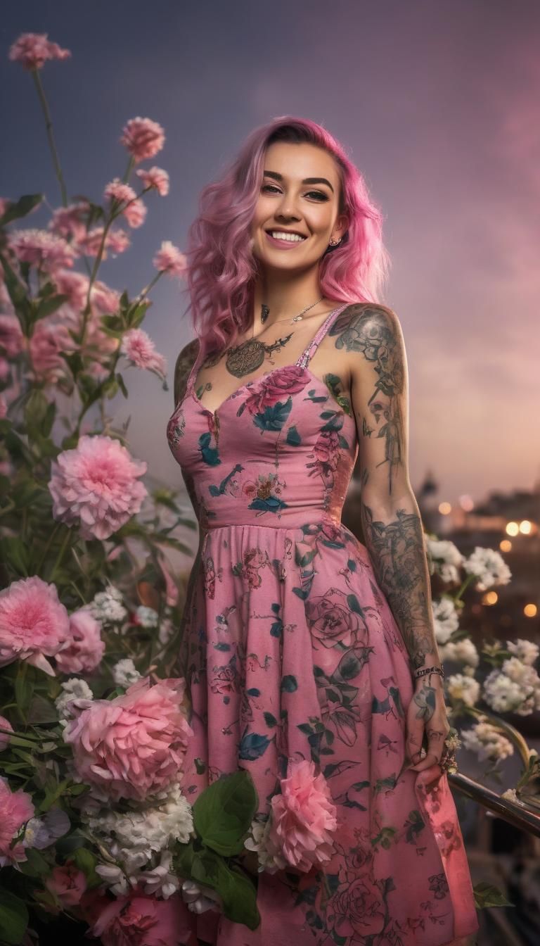 Smiling Tattooed Woman in Pink Dress, Professional Photograp...