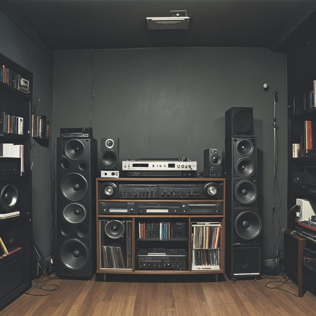 Dark Room with Audio Equipment on Cabinet