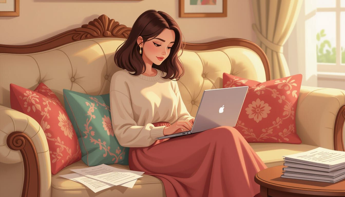 Woman Working on Laptop in 3D Cartoon Style