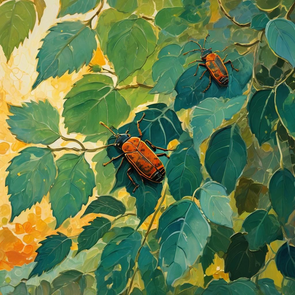 Beetles on Vines: Gouache Impressionist Painting