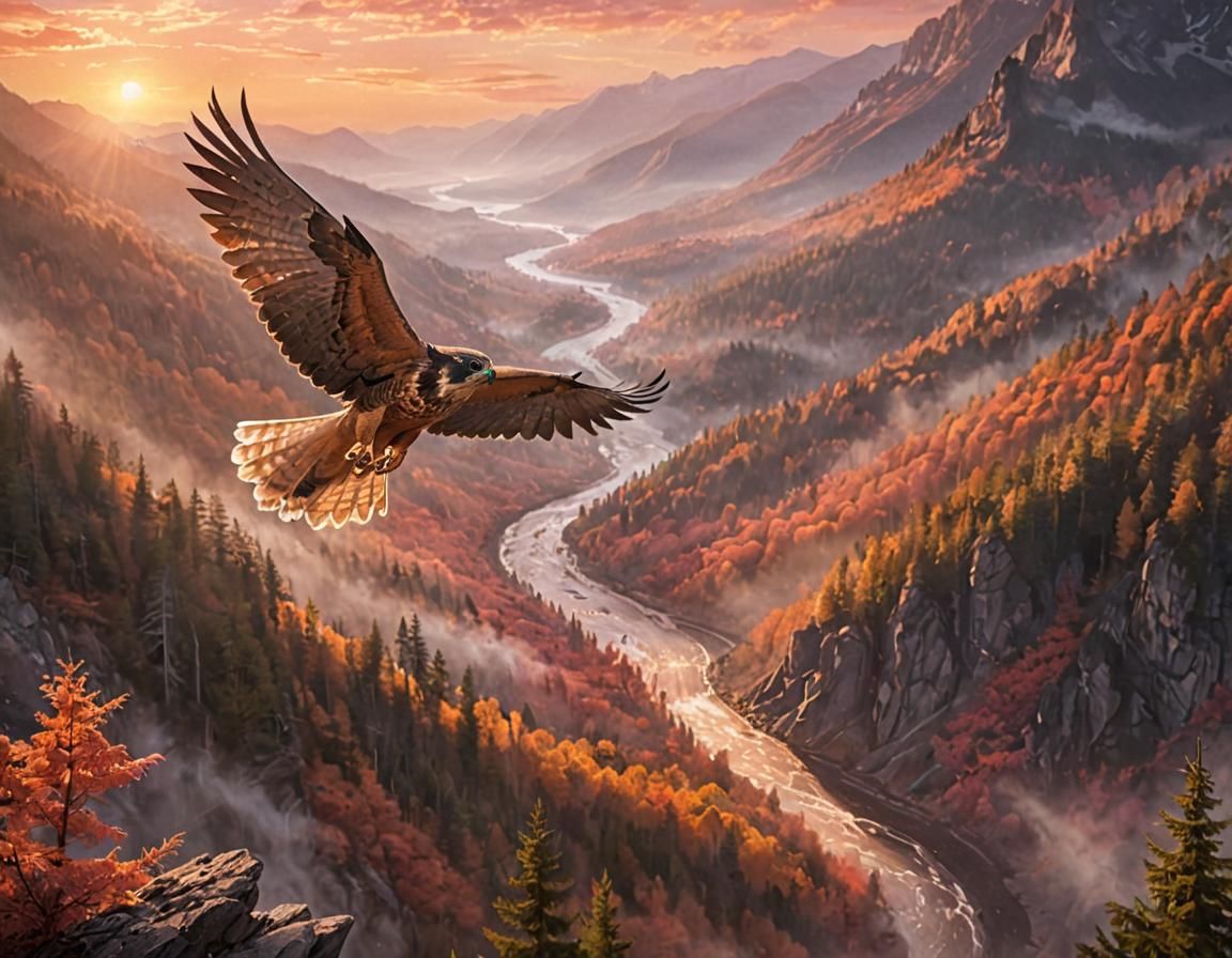 Falcon Soaring Over Misty Valley: Old Master Style